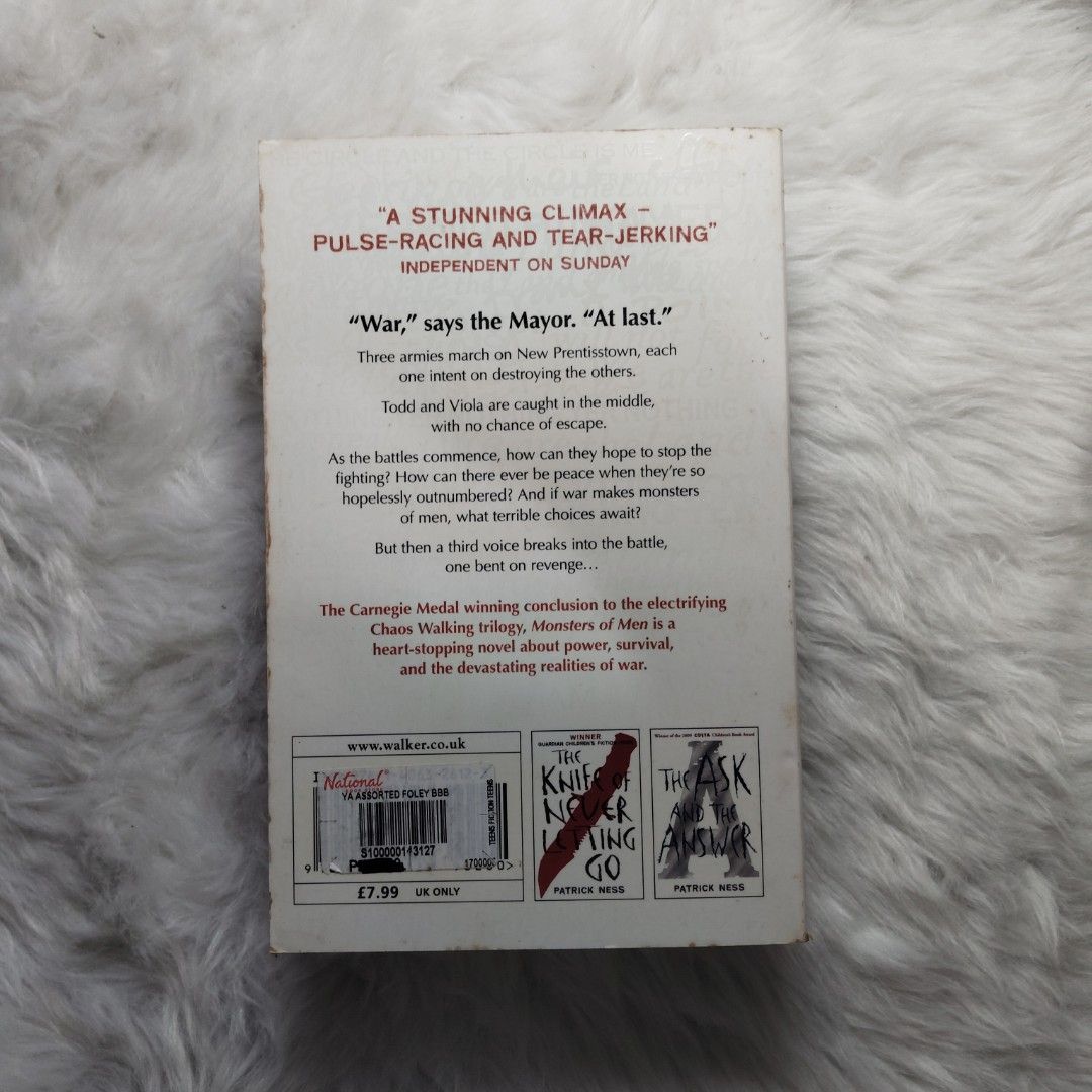 Monsters of Men by Patrick Ness (Category: Storybooks) located in Davao. Submitted by azurainn (Listing ID 1437827349, Image 2). Description: ✦ Monsters of Men by Patrick Ness ✦ Third Book of the Chaos Walking Trilogy ✦ Paperback novel ✦ Condition: Preloved / good condition ✦ Pages are complete and intact ✦ Great for collectors or casual reading ✦ Cover still in good condition with visible signs of use ✦ Has visible yellowing/discoloration on pag