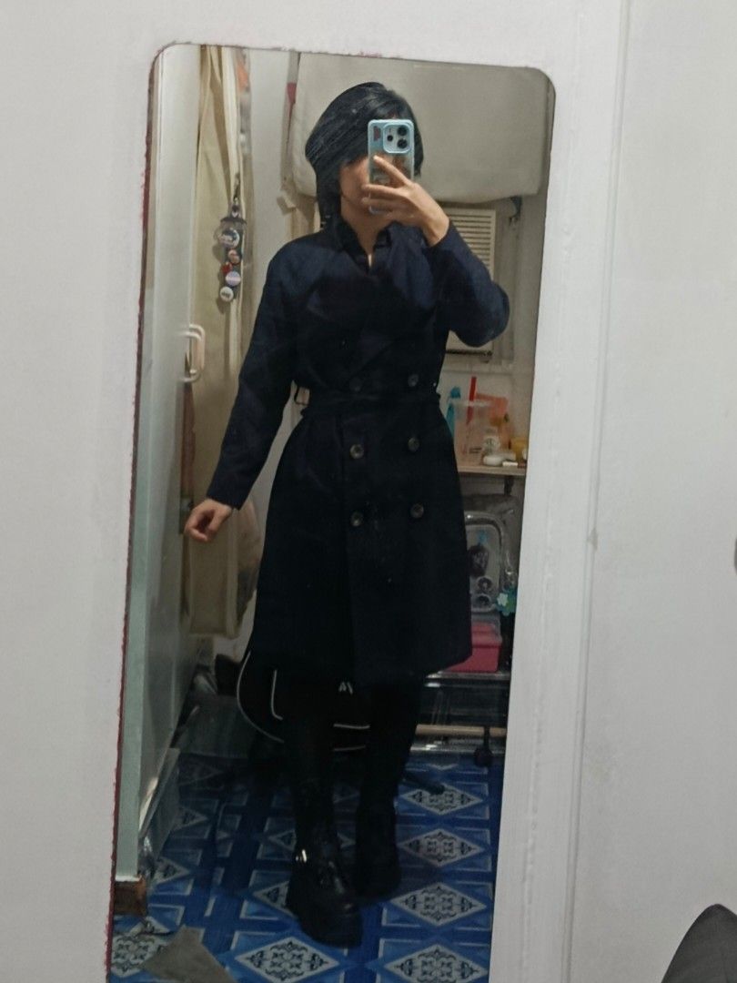 navy blue double breasted trench coat (Category: Coats, Jackets and Outerwear) located in Paranaque City. Submitted by beautifulruin (Listing ID 1437307860, Image 2). Description: size S on tag but can fit XS-M includes self-tie belt model in pics is XS size, 4'11" just dm if you have any questions or want measurements :) MOP: Gcash MOD: J&T or Lalamove.