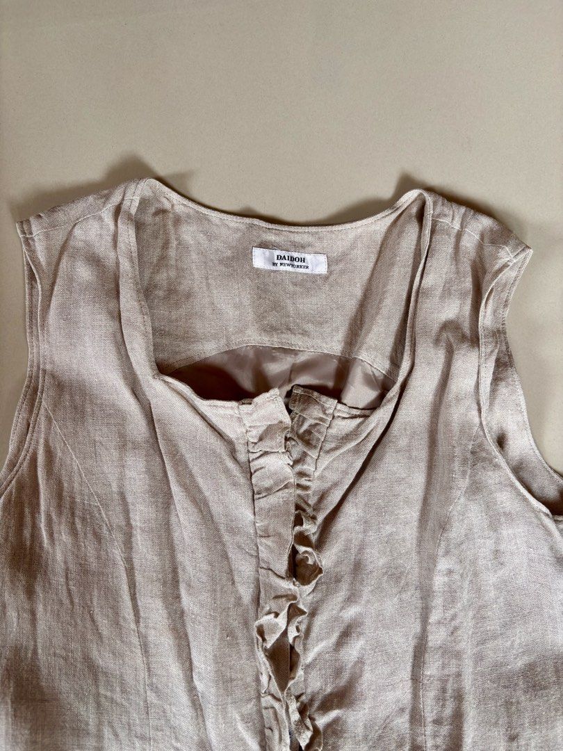 Nude Linen Dress | S-M (Category: Dresses) located in Manila. Submitted by only.the.goodstuff (Listing ID 1437811998, Image 2). Description: - Nude, sleeveless dress - Button-up front, linen dress - Ruffle detailing - Scoop neckline - Versatile for any semi-formal occasions ; can be worn as office attire as well Actual measurement : Length 38 inches (knee-length for 5’2” height / Width 17 inches Orig price : around P3,400 usd converted.