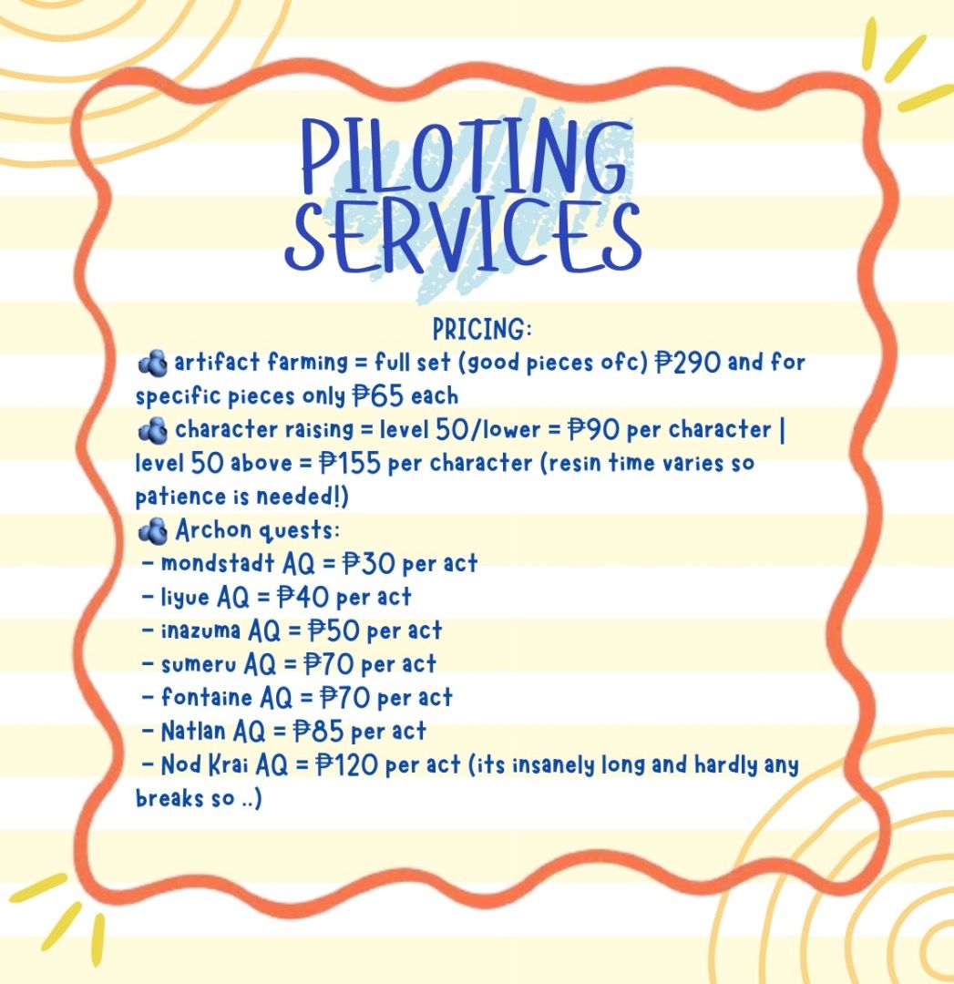 (OPEN FOR ANY REQS!) Genshin Impact Piloting Services | Summer edition! (Category: Others) located in Bulacan. Submitted by luka_yeon17 (Listing ID 1437798378, Image 2). Description: Another bump of my piloting services, Summer edition! Genshin Impact Piloting Services available! [UPDATED] - Artifact farming & Character raising - Archon quests & world quests - Daily/weekly maintenance + Exploration (percentage & chest hunting) - Primogem farming: