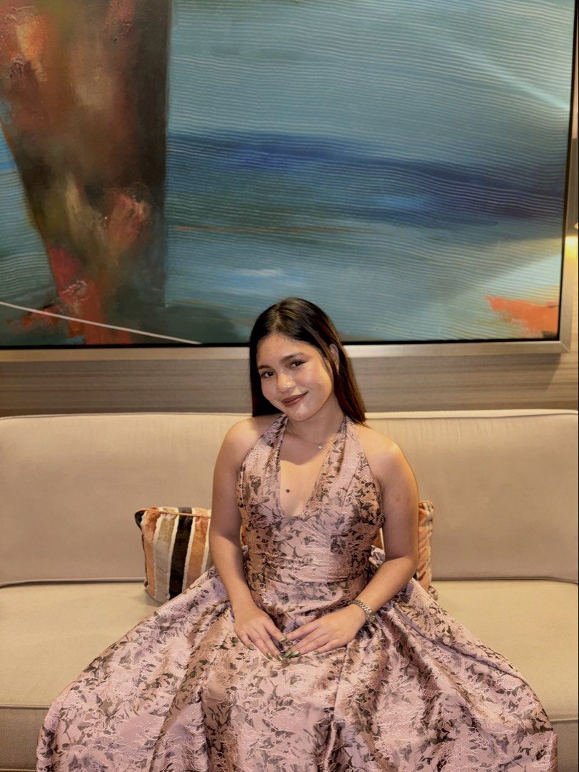 Pink Halter Neck Floral Dress (Category: Dresses) located in Batangas. Submitted by dhenjiiie (Listing ID 1437788021, Image 2). Description: Wore this pink halter dress last Christmas party and never wore it again. RFS: No longer needed .