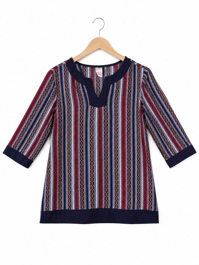 Poetry Printed Blouse | M-L (Category: Blouses) located in Manila. Submitted by only.the.goodstuff (Listing ID 1437807484, Image 1). Description: - Printed blouse - V-neck design - 3/4 sleeves - Navy blue accents - Size M; loose so can fit L size - Lightweight fabric - Perfect for casual wear Actual blouse measurement: Sleeve 17inch / Width 18inch / Length 28 inch.
