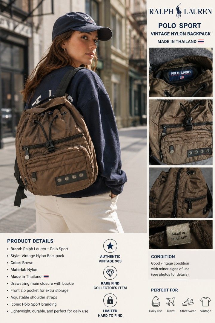 Polo Sport Vintage Nylon Backpack (Category: Backpacks) located in Cagayan de Oro. Submitted by thrift_ko_lang1523 (Listing ID 1437762062, Image 1). Description: 🔥 ULTRA RARE VINTAGE FIND 🔥 Authentic 1990s Polo Sport Ralph Lauren Nylon Backpack Made in Thailand 🇹🇭 A true collector’s piece from the golden era of Ralph Lauren streetwear and vintage outdoor fashion. This vintage Polo Sport backpack is almost impossible to find today — especially
