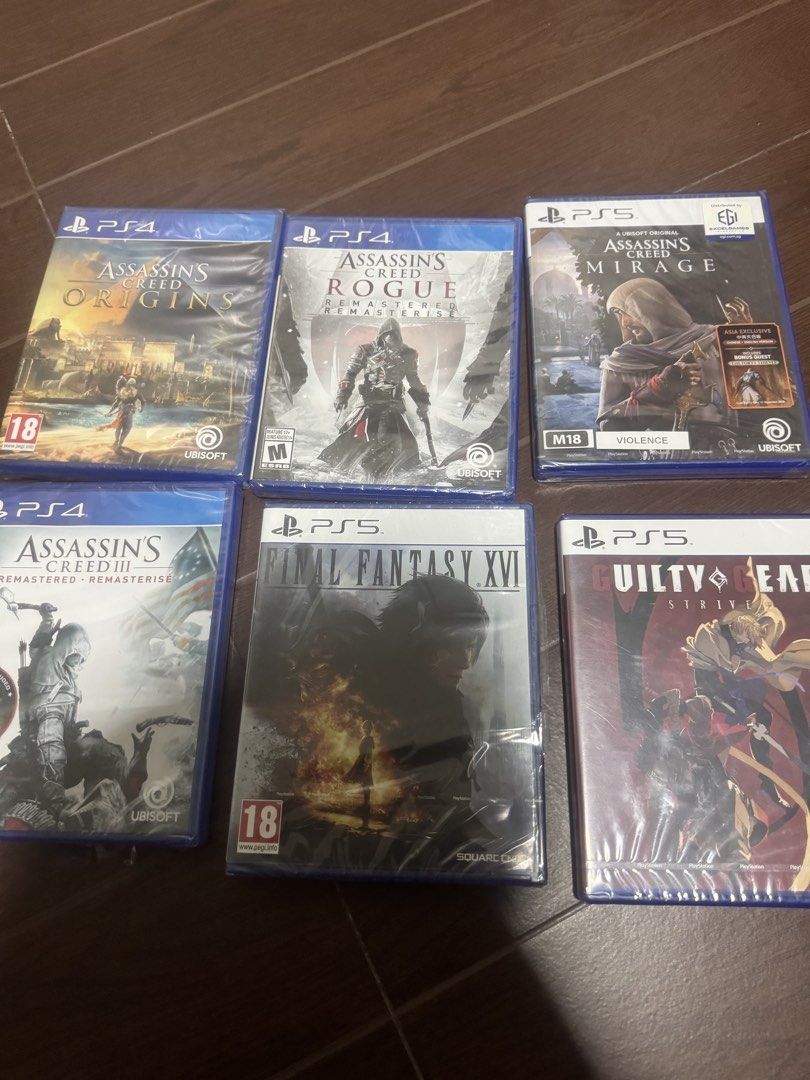 PS Games (Category: PlayStation) located in Manila. Submitted by certifiedloverbai (Listing ID 1437928923, Image 1). Description: Sealed * Guilty Gear Strive (PS5) — ₱1,400 * Final Fantasy XVI (PS5) — ₱1,900 * Assassin’s Creed III Remastered (PS4) — ₱1,100 * Assassin’s Creed Rogue Remastered (PS4) — ₱1,100 * Assassin’s Creed Origins (PS4) — ₱900 * Assassin’s Creed Mirage (PS5) — ₱1,700 Used * NBA 2K24 Kobe Bryant Edition (PS5) — ₱1,100 Take all: 