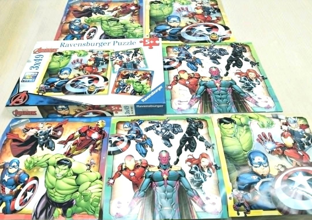 Ravensburger Avengers Puzzle 3x49 pcs. (Category: Board Games & Puzzles) located in Taguig. Submitted by Bloomscorner1 (Listing ID 1437829197, Image 2). Description: - Avengers 3-in-1 Puzzle Set - Features Captain America, Hulk, Iron Man, and other Avengers! - Each puzzle contains 49 pieces with approx. 10 x 7 inches - Also includes picture puzzle guide - Suitable for ages 5 and up - Pls. manage expectation, box with minimal folds and tears but i