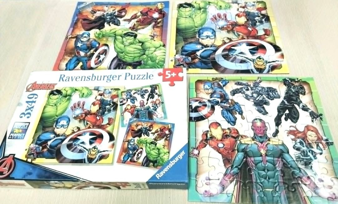 Ravensburger Avengers Puzzle 3x49 pcs. (Category: Board Games & Puzzles) located in Taguig. Submitted by Bloomscorner1 (Listing ID 1437829197, Image 3). Description: - Avengers 3-in-1 Puzzle Set - Features Captain America, Hulk, Iron Man, and other Avengers! - Each puzzle contains 49 pieces with approx. 10 x 7 inches - Also includes picture puzzle guide - Suitable for ages 5 and up - Pls. manage expectation, box with minimal folds and tears but i