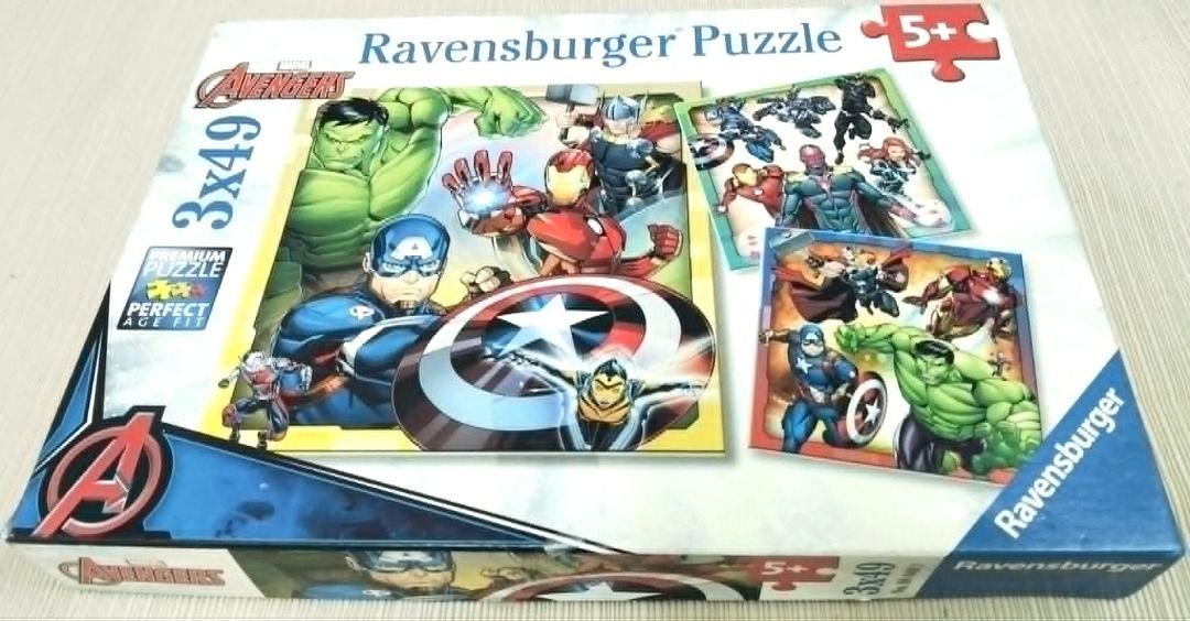 Ravensburger Avengers Puzzle 3x49 pcs. (Category: Board Games & Puzzles) located in Taguig. Submitted by Bloomscorner1 (Listing ID 1437829197, Image 1). Description: - Avengers 3-in-1 Puzzle Set - Features Captain America, Hulk, Iron Man, and other Avengers! - Each puzzle contains 49 pieces with approx. 10 x 7 inches - Also includes picture puzzle guide - Suitable for ages 5 and up - Pls. manage expectation, box with minimal folds and tears but i