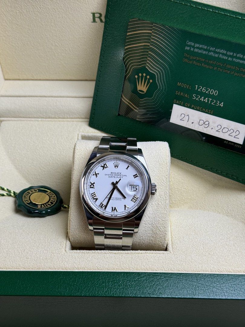 Rolex Datejust (Category: Luxury Watches) located in Quezon City. Submitted by LuxPieces (Listing ID 1437841765, Image 3). Description: Rolex Datejust Ref. 126200 Size 36mm Year late 2022 White Roman Dial Sought after dial Complete Set NEWEST MECHANISM FRESH condition 9.5/10 425k only.