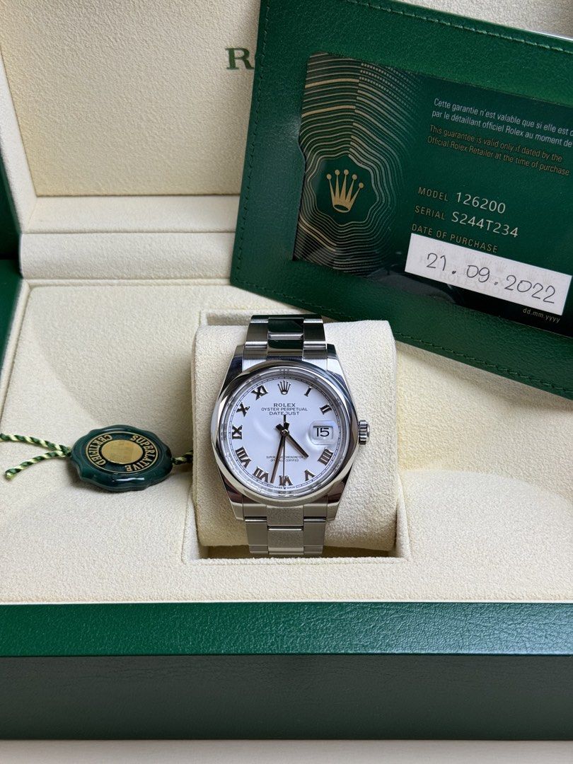 Rolex Datejust (Category: Luxury Watches) located in Quezon City. Submitted by LuxPieces (Listing ID 1437841765, Image 1). Description: Rolex Datejust Ref. 126200 Size 36mm Year late 2022 White Roman Dial Sought after dial Complete Set NEWEST MECHANISM FRESH condition 9.5/10 425k only.