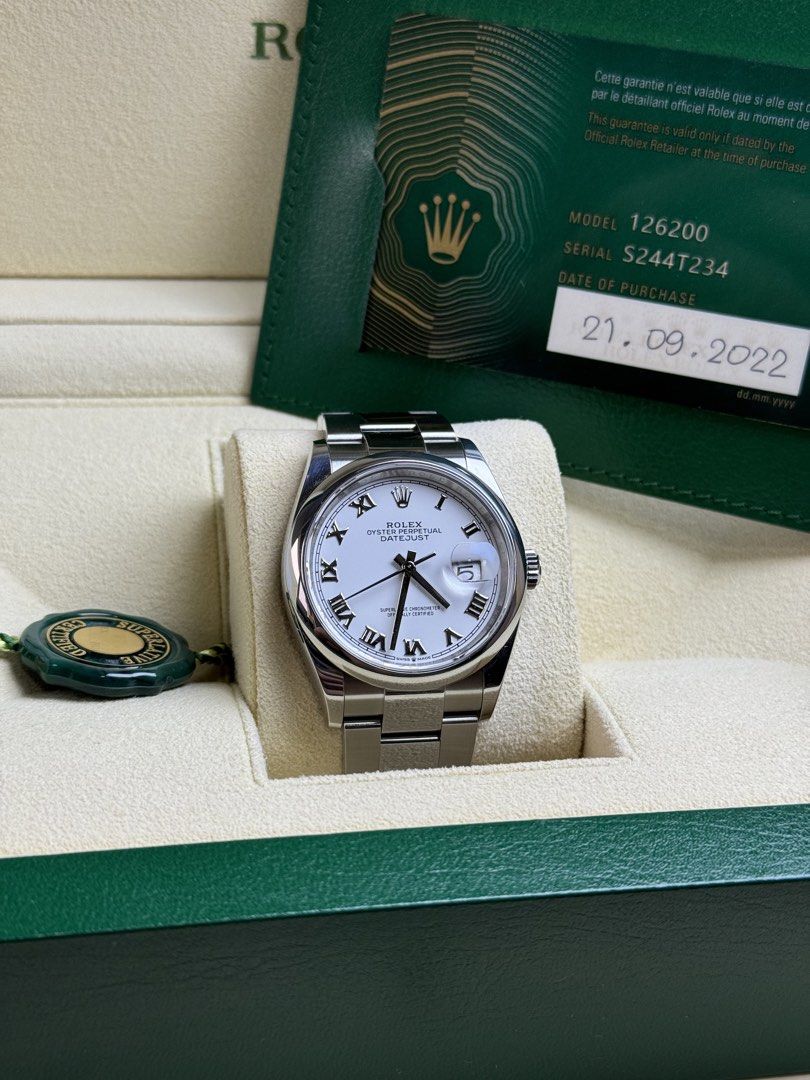 Rolex Datejust (Category: Luxury Watches) located in Quezon City. Submitted by LuxPieces (Listing ID 1437841765, Image 2). Description: Rolex Datejust Ref. 126200 Size 36mm Year late 2022 White Roman Dial Sought after dial Complete Set NEWEST MECHANISM FRESH condition 9.5/10 425k only.