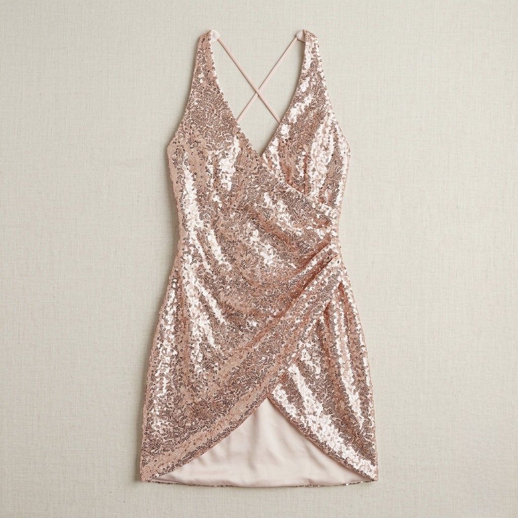 Rose Gold Sequin Crossover Halter Dress (Category: Dresses) located in Manila. Submitted by prettyfindsss (Listing ID 1437502306, Image 1). Description: QUICK SPECS: Item: Rose Gold Sequin Crossover Halter Dress Size: Small (Fits true to size; limited stretch in the sequin fabric) Color: Rose Gold / Champagne Pink Condition: 10/10 — Pristine condition; all sequins are intact, and the inner lining is clean. Features: A stunning V-neckline with a c