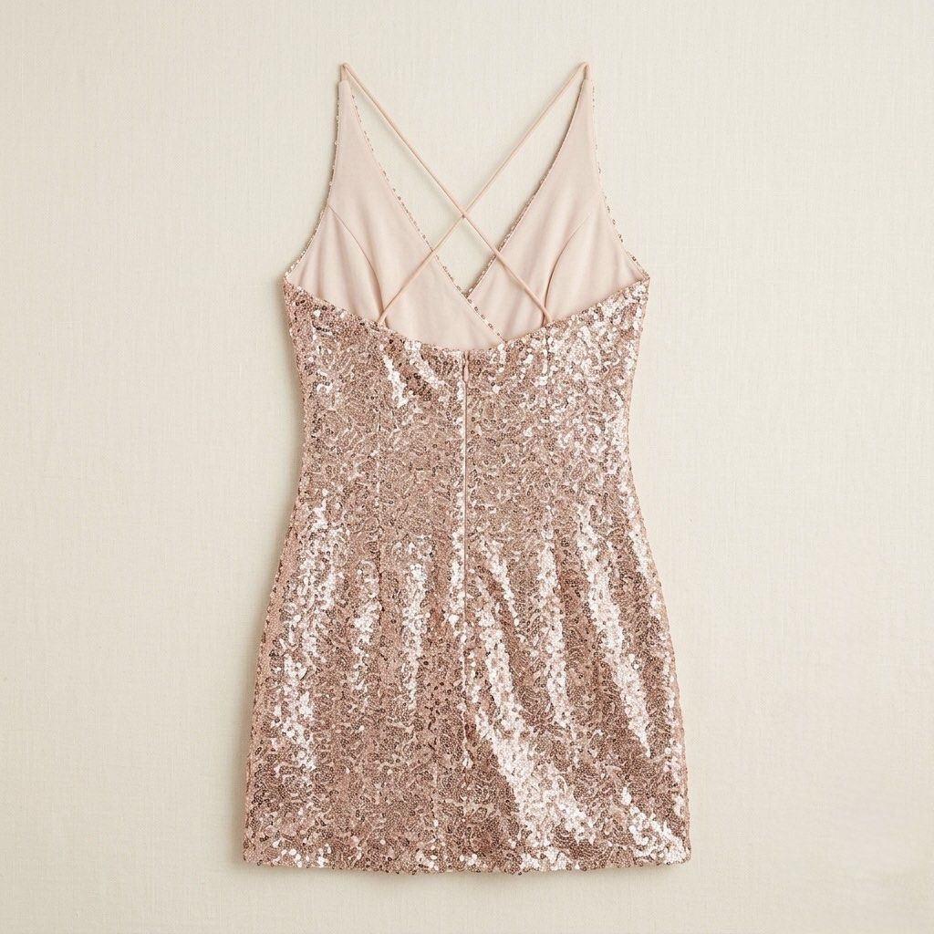 Rose Gold Sequin Crossover Halter Dress (Category: Dresses) located in Manila. Submitted by prettyfindsss (Listing ID 1437502306, Image 2). Description: QUICK SPECS: Item: Rose Gold Sequin Crossover Halter Dress Size: Small (Fits true to size; limited stretch in the sequin fabric) Color: Rose Gold / Champagne Pink Condition: 10/10 — Pristine condition; all sequins are intact, and the inner lining is clean. Features: A stunning V-neckline with a c