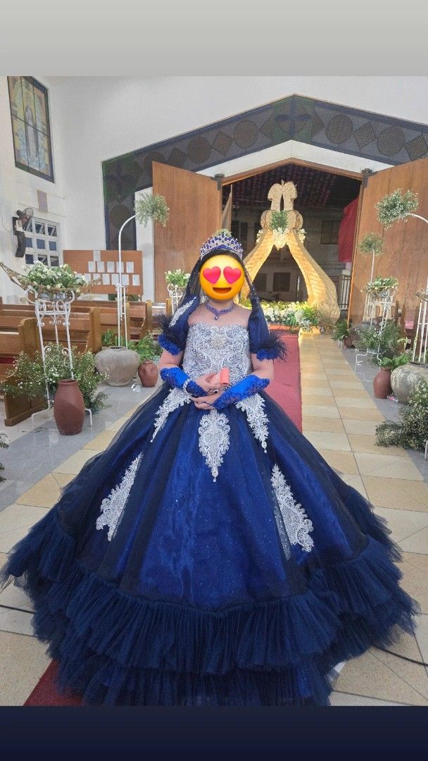 Royal Blue Ball Gown (Category: Evening dresses & gowns) located in Bulacan. Submitted by row01 (Listing ID 1437789228, Image 1). Description: - Elegant royal blue ball gown - Intricate silver detailing - Layered skirt - Matching veil with silver dots - Fitted bodice and full skirt - Includes matching gloves - Ideal for special occasions -Full set ✅️Crown Necklace Earrings Ring Gloves.