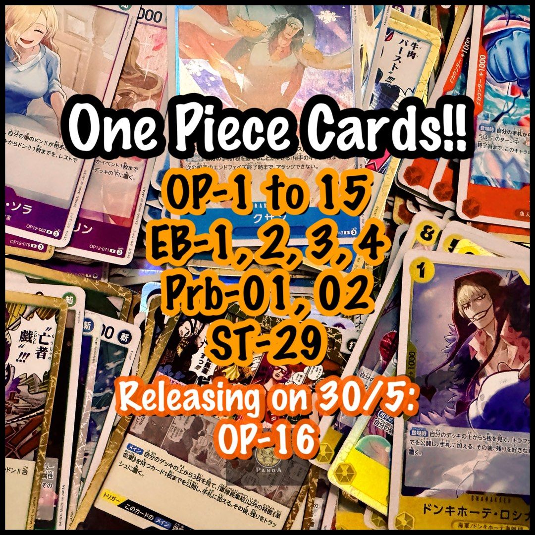 (SALE YYT/130) One Piece deck building OP-16 OP16 EB04 ST29 OP-14 EB-03 OP-13 PRB-2 OP-12 OP-11 OP-10 OP-09 PRB-01 OP-08 op12 op13 play set playset singles cards tcg card trading card eb4 op14 OP-04 op07 EB02 op8 op9 op09 op10 op11 PRB2 ST-29 brick (Category: Raw Cards) located in Singapore. Submitted by pandacollectibles (Listing ID 1290617745, Image 1). Description: Hello, Welcome to Panda Collectibles! Please press the "read more" button for t