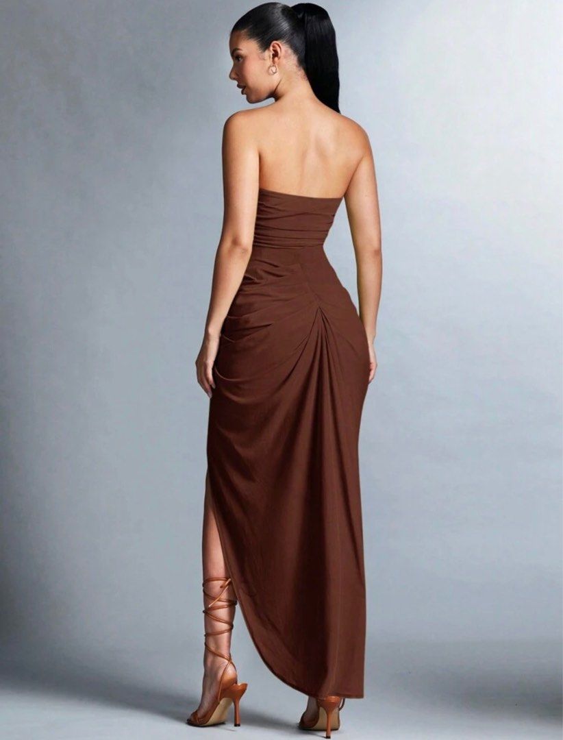 SHEIN BAE Brown Solid Ruched Split Thigh Tube Dress (Category: Dresses) located in Manila. Submitted by reignix (Listing ID 1437897971, Image 2). Description: ONLY USED ONCE!!! Rfs: Decluttering Color: Brown Size: XS Bust (28 in) Waist (24.4-37 in) Hip (33.5 in) Length (45.3/54.7 in) Meet up around U-belt Delivery via Lalamove.