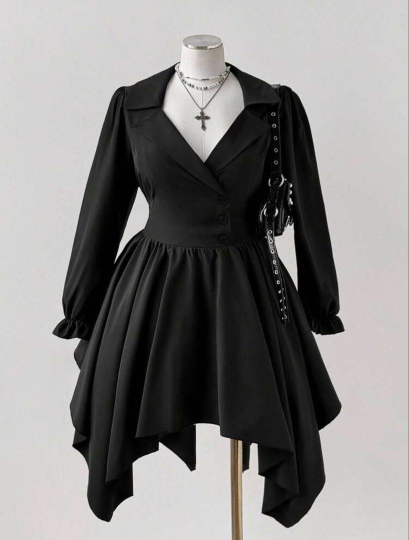 SHEIN Plus Size Black Dress (New) (Category: Dresses) located in Caloocan City. Submitted by aeri.x (Listing ID 1437917330, Image 1). Description: - Black dress - Blazer-style top with button details - Flared skirt - Long sleeves with ruffled cuffs - V-neckline - Asymmetrical hemline - Perfect for a chic look - Bought originally at P700 - Can fit sizes 2-3 XL - Same-day delivery via Lala or Grab.