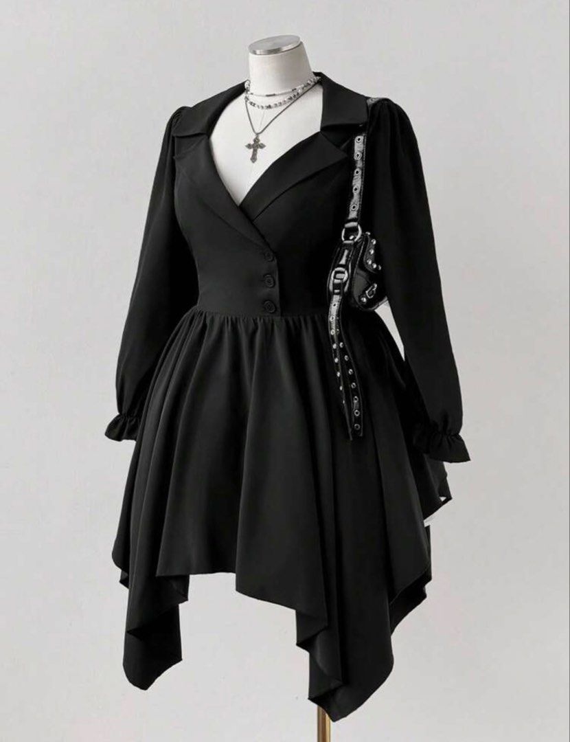 SHEIN Plus Size Black Dress (New) (Category: Dresses) located in Caloocan City. Submitted by aeri.x (Listing ID 1437917330, Image 3). Description: - Black dress - Blazer-style top with button details - Flared skirt - Long sleeves with ruffled cuffs - V-neckline - Asymmetrical hemline - Perfect for a chic look - Bought originally at P700 - Can fit sizes 2-3 XL - Same-day delivery via Lala or Grab.