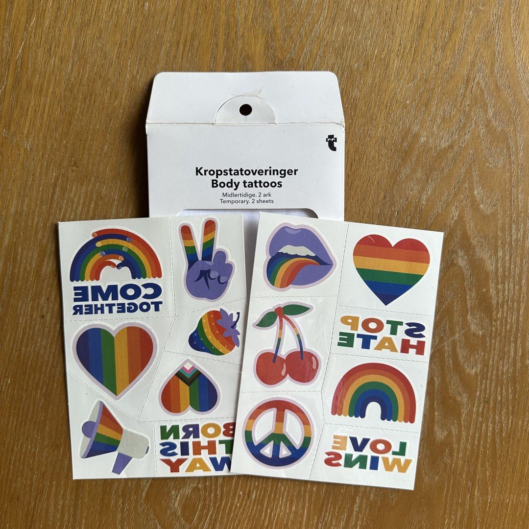 Temporary Body Tattoos - Pride Edition (Category: Art & Prints) located in Quezon City. Submitted by camiscloset_ (Listing ID 1437821727, Image 1). Description: - Bought from Flying Tiger - Two sheets of temporary tattoos - Comes with instructions sheet.