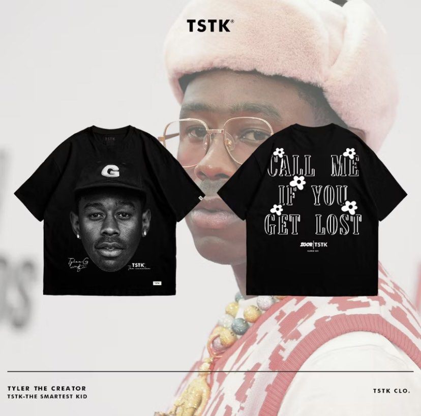 TSTK Tyler The Creator Graphic Tee in LARGE (Category: Tshirts & Polo Shirts ) located in Manila. Submitted by faerikhae (Listing ID 1437730952, Image 1). Description: - Black T-shirt featuring Tyler, The Creator graphic. - Back design includes the phrase "CALL ME IF YOU GET LOST". - Brand: TSTK. - Design includes floral accents. - Features the TSTK logo. -has minor flaws like loose threads but barely noticeable. .