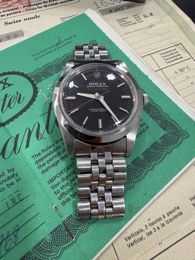 Very Rare Rolex 1019 Black Dial Milgauss Full Set (Category: Watches) located in Singapore. Submitted by monstertimegallery (Listing ID 1437852527, Image 3). Description: On sale is a very collectable and sought after Black Dial Rolex Milgauss circa 1968! Dial: 100% original matte black tritium dial in near mint condition with no blemishes. Case: stainless steel case is strong with sharp bevels which signifies an unpolished case. Inside case back