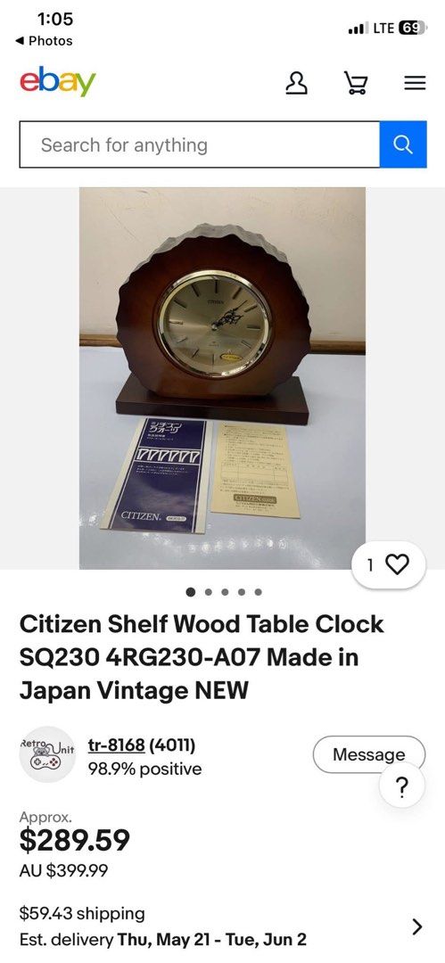 Vintage Citizen Shelf Wood Table Clock - Large (Category: Clocks) located in Bacolod City. Submitted by bt_ph (Listing ID 1437767676, Image 2). Description: - Vintage Citizen shelf clock - 10 x 8 dimensions - 2.5 inch thick - Silver clock face with gold accents - Unique, organic-shaped wooden frame - Black back - Made in Japan - In good working condition.