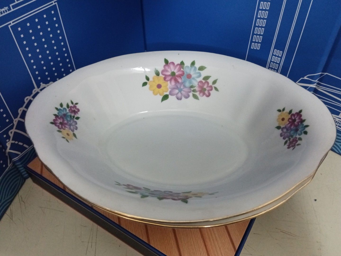 Vintage Floral Serving Dish with Gold Trim