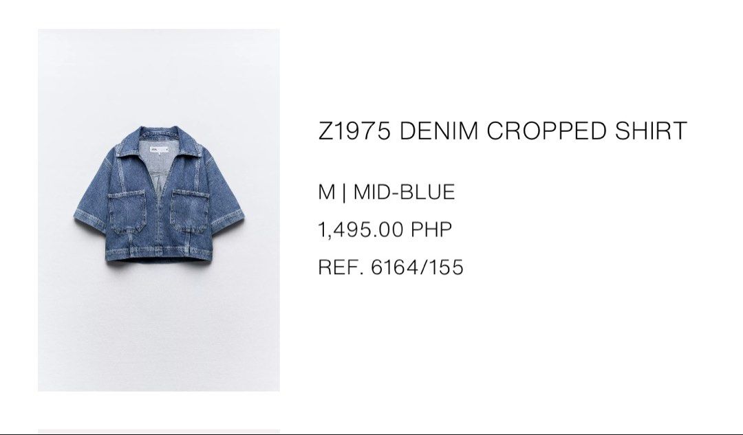 Zara Denim Cropped Shirt - Mid-Blue (Category: Shirts) located in Quezon City. Submitted by blues.clothes (Listing ID 1437893366, Image 2). Description: - Zara Z1975 denim cropped shirt - Mid-blue wash - Size M - Cropped length Only washed, never worn outside.