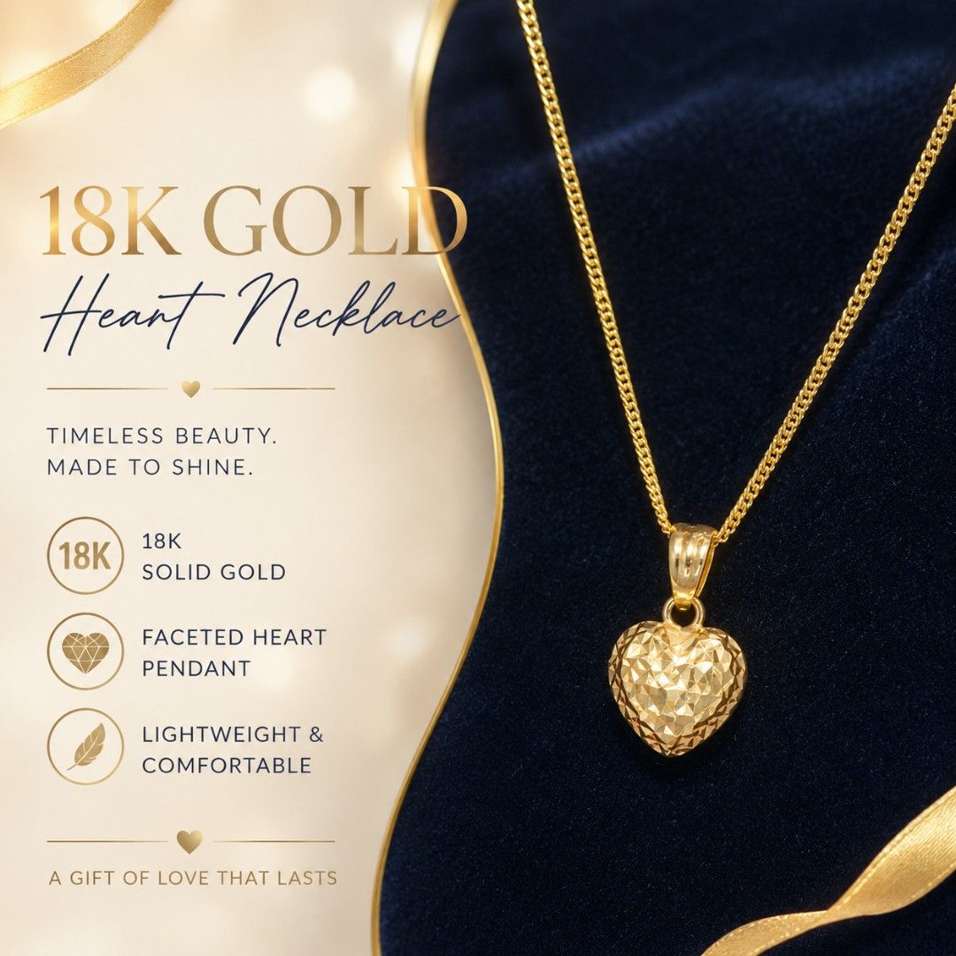 18K Gold Heart Necklace (Category: Necklaces) located in Pasig City. Submitted by lfboutique (Listing ID 1438014011, Image 1). Description: - 18K Solid Gold Chain 1.51g - Faceted Heart Pendant - Lightweight & Comfortable - Perfect for Everyday Wear - Timeless Design - Comes with box pasig loc no cod.