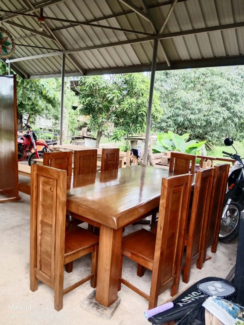 8-seater Mahogany Dining Table Set with 8 Chair (Category: Tables & Sets) located in Orani. Submitted by mbfb_btn (Listing ID 1437992916, Image 2). Description: - Wooden dining set MAHOGANY - Large rectangular table - Matching chairs - Rich, warm wood tone - Sturdy design - Ideal for everyday use and special occasions - Ample seating and spacious tabletop Can do Delivery within Central Luzon or Metro Manila.