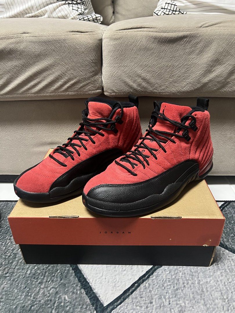 Air Jordan 12 Retro Gym Red (Category: Sneakers) located in Manila. Submitted by aru_eudela (Listing ID 1438082597, Image 1). Description: - Air Jordan 12 Retro - Colorway: Gym Red/Black - Size: US 10 - Features: Red suede upper, black accents - Includes original box with Jordan logo AKA Jordan 12 Reverse Flu Game.
