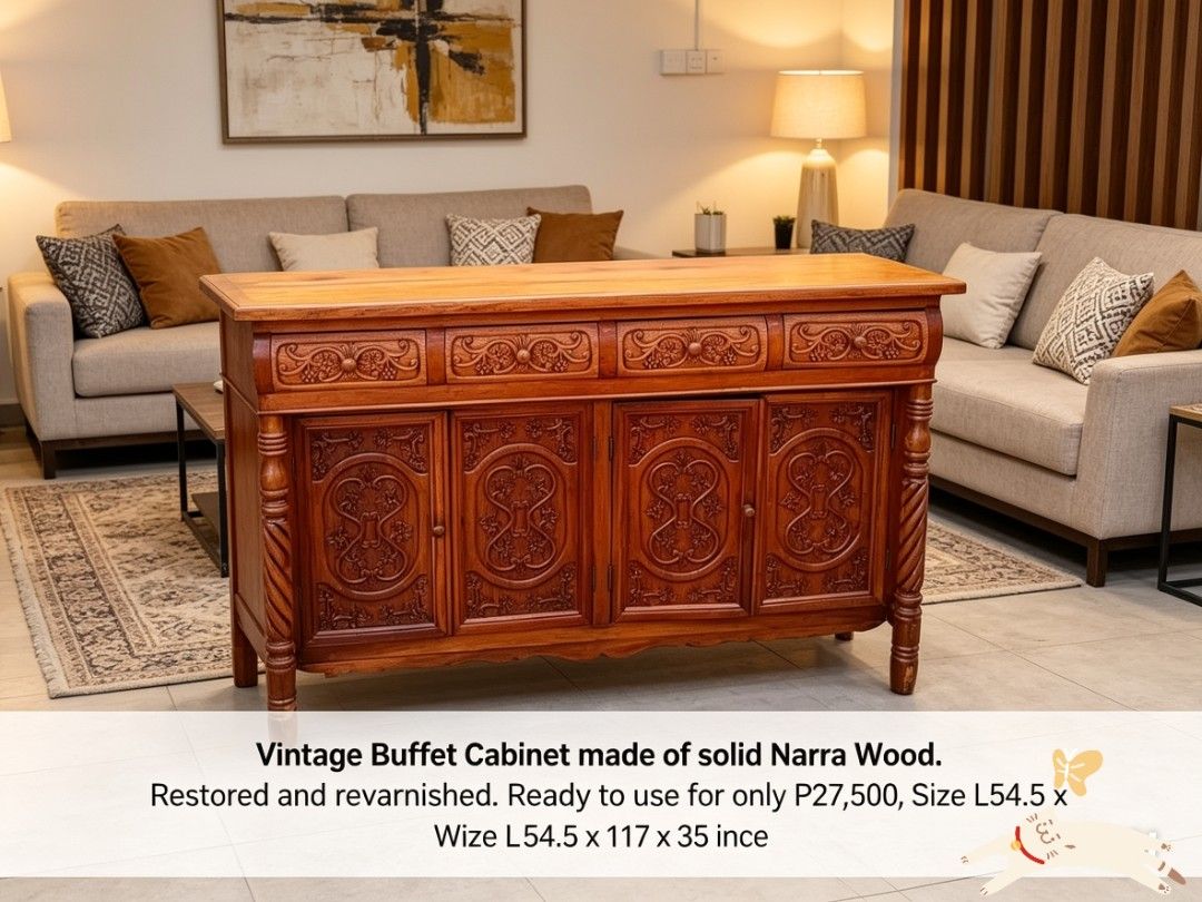 Antique Buffet cabinet full restored (Category: Shelves, Cabinets & Racks) located in Manila. Submitted by carmelites36250 (Listing ID 1437954383, Image 1). Description: #forsale #furniturestore #solidnarrafurniture #heritagefurniture ✨ Vintage Buffet Cabinet - Solid Narra Wood Crafted from high-quality solid Narra wood, this beautiful vintage piece has been carefully restored and professionally revarnished to bring out its natural elegance and d