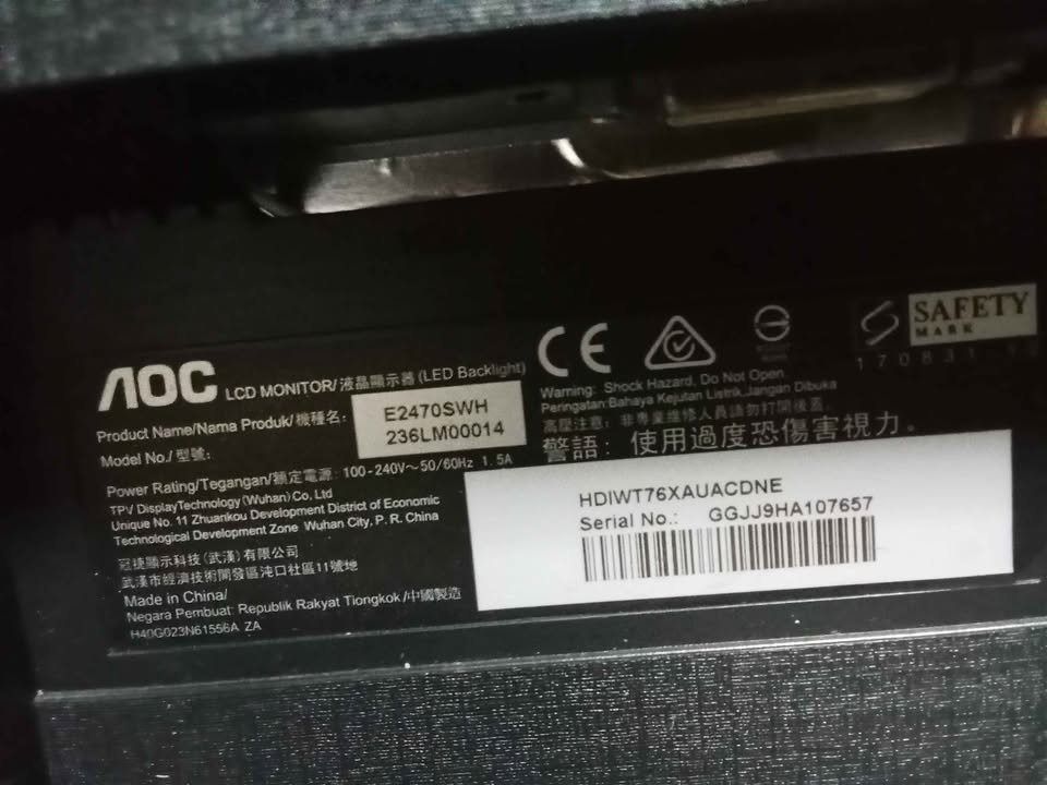 AOC Monitor (Category: Monitor Screens) located in Pasig City. Submitted by retrogamesonline7 (Listing ID 1438012337, Image 2). Description: Post for my sister AOC Monitor For Sale Yung serial number and model naka picture po (pasilip na lang) Minor issue: Walang cord pero napagana ko kasi ginamit ko yung sarili kong cord at HDMi Good as new P2,000 RFS: Di nagagamit naka tago lang Call/Text - 09228117358 Drich.