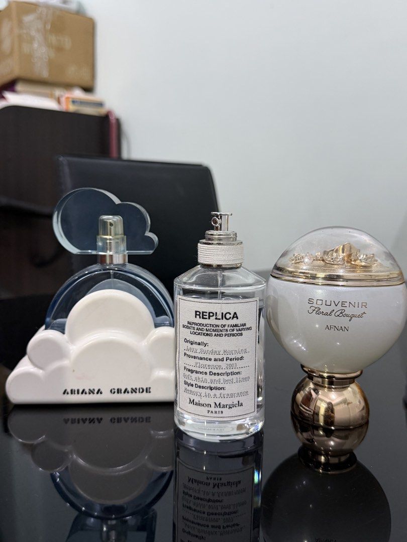 Ariana Grande Cloud Perfume & Maison Margiela Replica (Category: Fragrance & Deodorants) located in Manila. Submitted by rosiecarpio (Listing ID 1438070374, Image 1). Description: Cloud by AG 50% remaining Lazy sunday morning 80% remaining Afnan souvenir flower boquet Delina by Parfums De Marly dupe 80% remaining Great projection Selling as bundle 6.5k Rfs need cash.