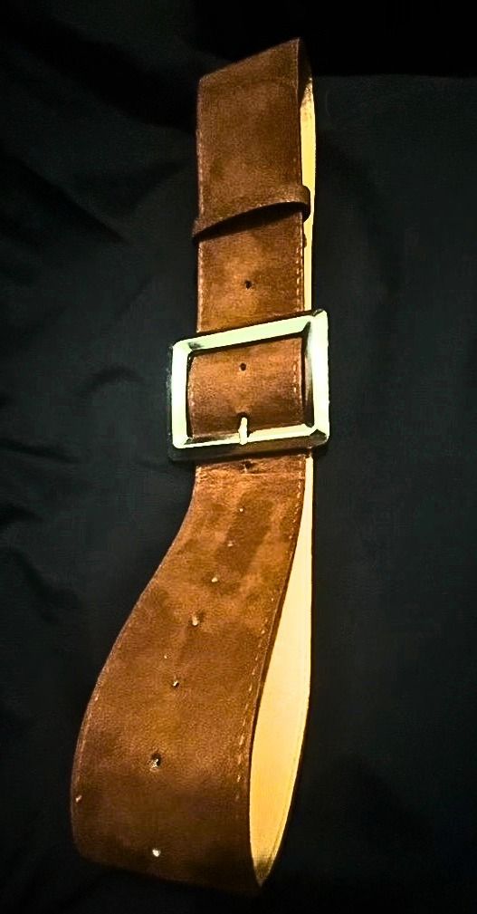 Brown Suede Belt with Gold Buckle (Category: Belts) located in Caloocan City. Submitted by jay-jay_fembox101 (Listing ID 1438106500, Image 2). Description: - Brown suede exterior - Gold-colored buckle - Wide design - Adjustable with multiple holes - Stylish accessory - goes with anything - 43 inches long - 3.5 INCHES WIDE (hindi po siya kasya sa belt loops sa pants na pang lalaki) - This is a female accessory not a typical belt that you can fit i