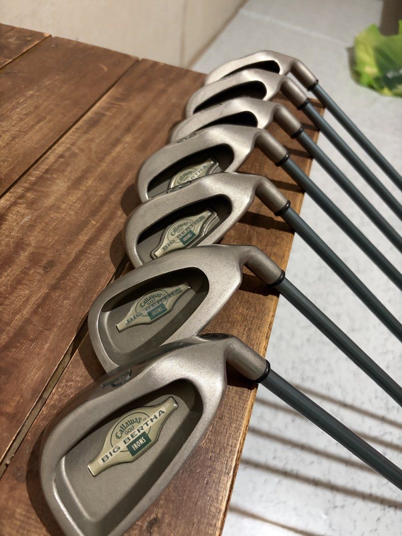 Callaway Big Bertha Irons Set (Category: Golf) located in Davao. Submitted by keeemm (Listing ID 1438063421, Image 3). Description: - Callaway Big Bertha iron set (4, 5, 6, 7, 8, 9, S) - Silver club heads with black shafts - Model name clearly visible - Great for golf enthusiasts.