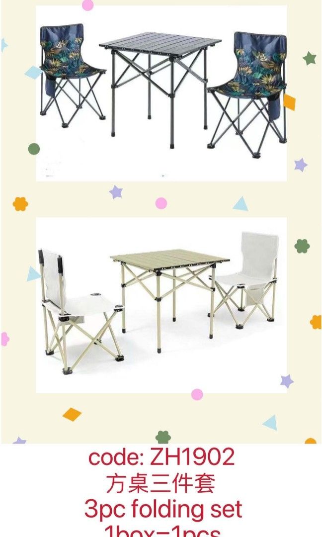 Camping table and chair set (Category: Tables & Sets) located in Manila. Submitted by jelai.cybyb (Listing ID 1437942058, Image 3). Description: Camping chair table set ZH1902 1400 ZH1903 1700 ZH1904 2200.