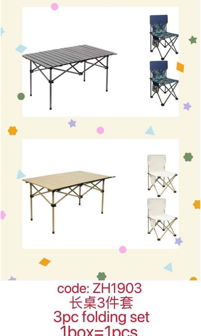 Camping table and chair set (Category: Tables & Sets) located in Manila. Submitted by jelai.cybyb (Listing ID 1437942058, Image 1). Description: Camping chair table set ZH1902 1400 ZH1903 1700 ZH1904 2200.