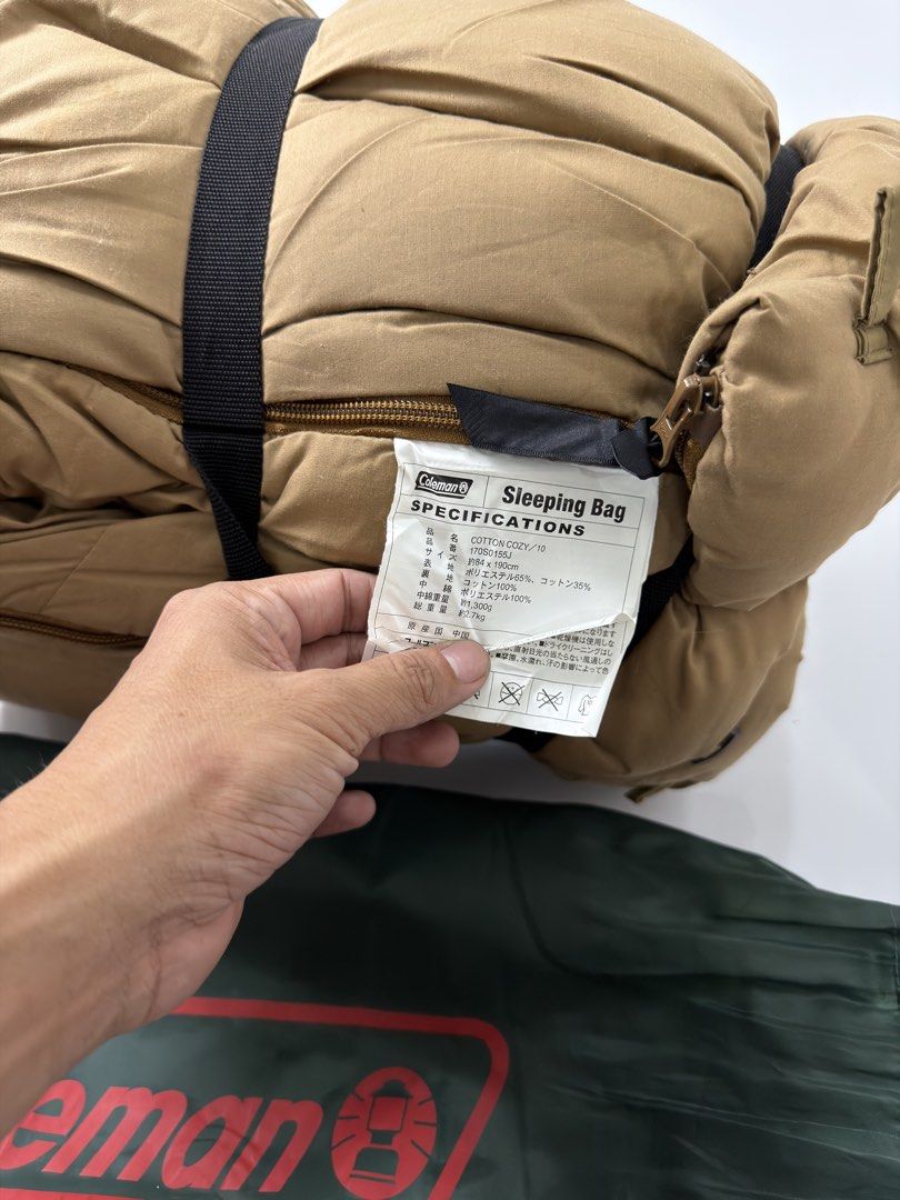 Coleman Sleeping Bag (Category: Hiking & Camping) located in Alfonso. Submitted by jbcamet (Listing ID 1438063310, Image 2). Description: - Coleman sleeping bag - Mummy style - Brown exterior - Plaid interior - Includes carrying bag - Zipper closure - Coleman logo visible.