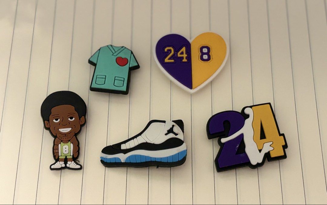 Crocs Jibbits (Take All) (Category: Shoe inserts & accessories) located in Quezon City. Submitted by gamespot (Listing ID 1437979539, Image 1). Description: - Shoe charms set - Includes Kobe Bryant, Jordan sneaker, heart with 24 & 8, 24 logo, and scrub top charms - Perfect for shoe customization - Add style and personality to your footwear MOP:Gcash/Maya/Gotyme MOD: Lalamove (buyer’s expense) RFS: Decluttering .
