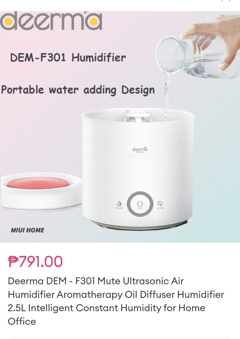 Deerma DEM-F301 Humidifier (Category: Air Purifiers & Dehumidifiers) located in Manila. Submitted by dkt_online (Listing ID 1438035728, Image 1). Description: - Deerma DEM-F301 Ultrasonic Humidifier - 2.5L Capacity - Portable and easy to use - Mute design for quiet operation - Aromatherapy function - Constant humidity feature - Ideal for home and office - Portable water-adding design *no more box* RGS: Not being used, decluttering 2 units availab