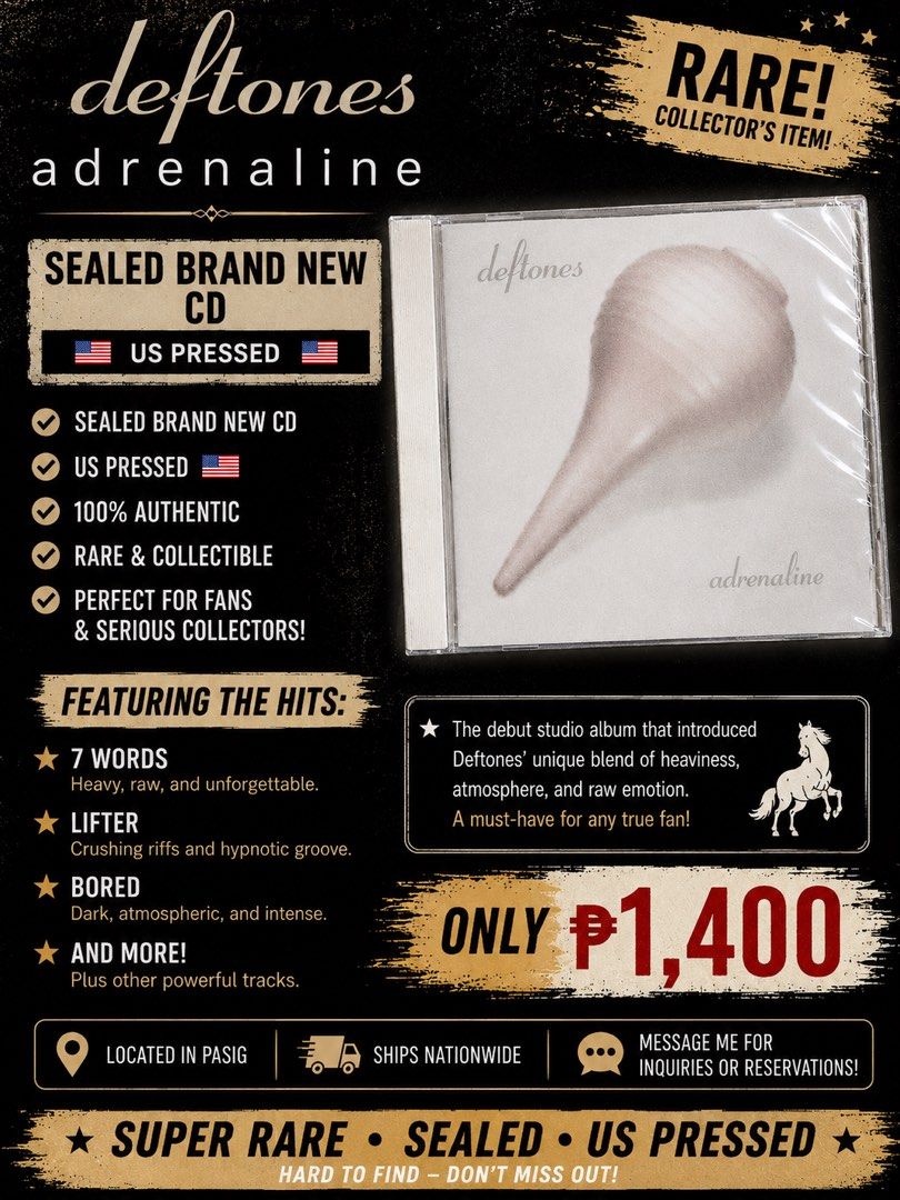 Deftones - Adrenaline CD Sealed Brand new (Category: CDs & DVDs) located in Pasig City. Submitted by proteinboy6 (Listing ID 1437981718, Image 1). Description: Create for me a listing for the attached CD. Highlight the hits, and say it’s sealed brand new CD, US pressed, ₱1400 rare..