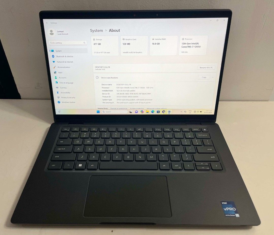 Dell Latitude 7430 (i7, 512 GB) (Category: Laptops & Notebooks) located in Marikina City. Submitted by macy_1024 (Listing ID 1438055550, Image 2). Description: Negotiable :) - Dell Latitude 7430 - 12th Gen Intel Core i7-1265U processor - 16GB RAM - 512GB Storage - Graphics: Intel Iris Xe Graphics - Display Size: 14-inch Full HD - Resolution: 1920 x 1080 - Touchscreen: Yes (10-point multi-touch) - Windows 11 Enterprise - 99% smooth, lady-owned, ac