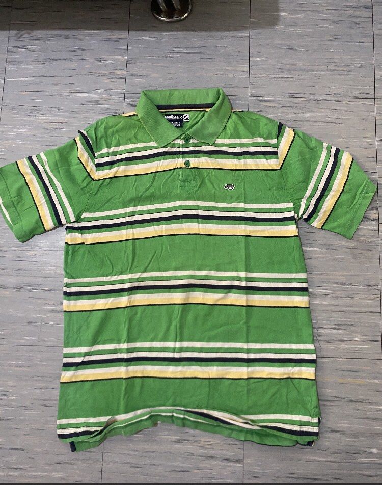 Ecko Unltd. Striped Polo Shirt - Large (Category: Tshirts & Polo Shirts ) located in Manila. Submitted by bitchessss (Listing ID 1438013916, Image 2). Description: Green Ecko Unltd. polo shirt with horizontal stripes in white, yellow, and black. Features a green collar and a small rhino logo on the chest. The shirt has a button-up placket and short sleeves. The size is Large..
