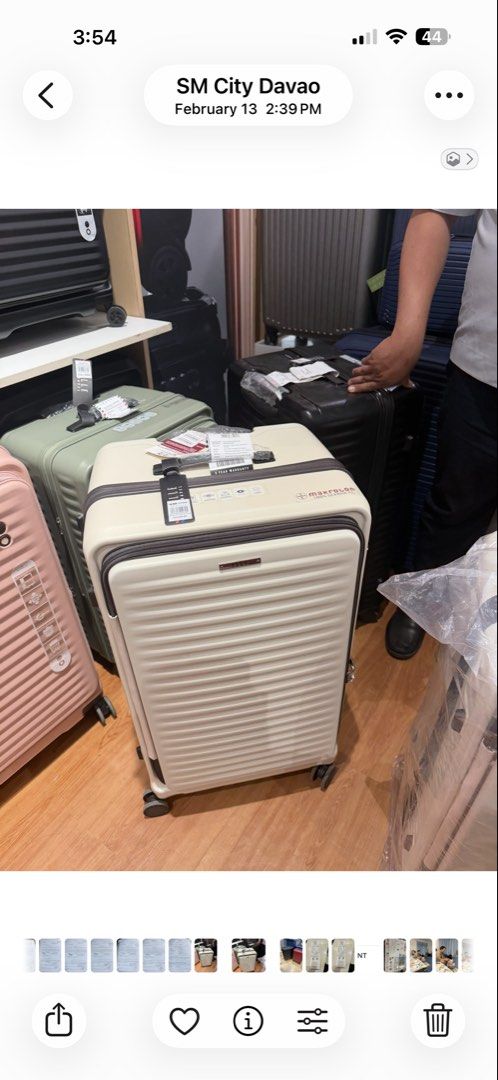 Elle Trunk Luggage (Category: Luggage) located in Quezon City. Submitted by inahgarcia143 (Listing ID 1438007998, Image 1). Description: - Elle Trunk Macrolux luggage - Cream-colored exterior with ribbed design - Medium size - Retractable handle - Four wheels for easy maneuverability - Durable and stylish - Perfect for travel - Super Lightweight -Premium Interior - Comes With Brown Fabric Sleeve and Clear Cover/Protector Reason for Selling: I hav