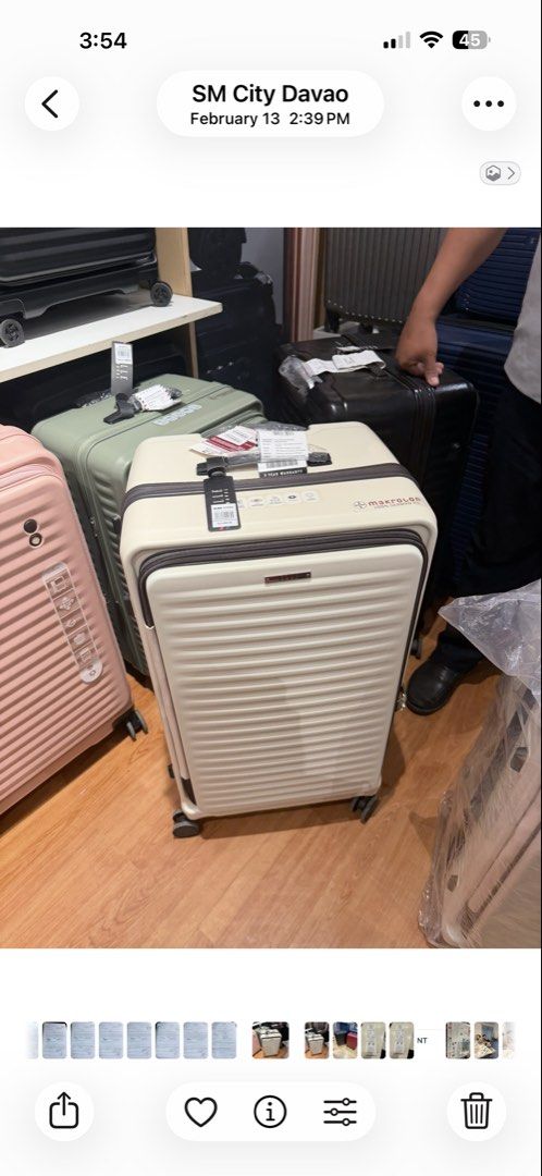 Elle Trunk Luggage (Category: Luggage) located in Quezon City. Submitted by inahgarcia143 (Listing ID 1438007998, Image 2). Description: - Elle Trunk Macrolux luggage - Cream-colored exterior with ribbed design - Medium size - Retractable handle - Four wheels for easy maneuverability - Durable and stylish - Perfect for travel - Super Lightweight -Premium Interior - Comes With Brown Fabric Sleeve and Clear Cover/Protector Reason for Selling: I hav
