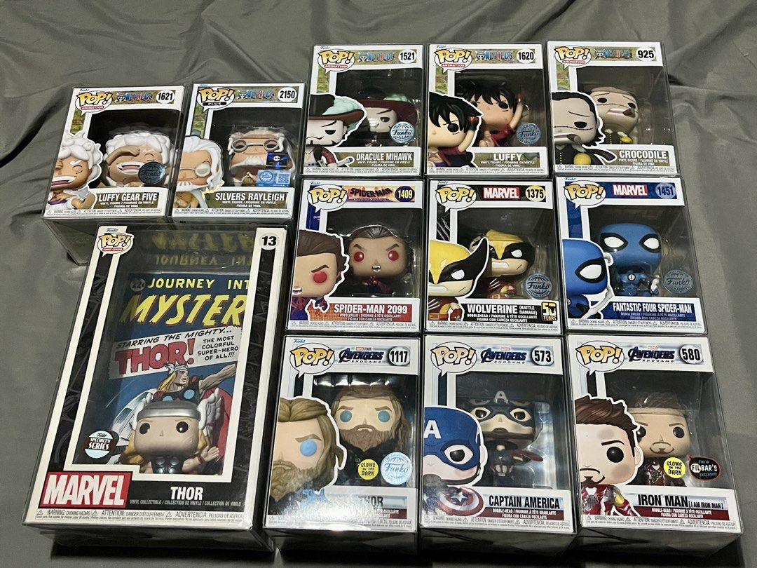 Funko Lot Pop For Sale (Category: Designer & Blind Box Toys) located in Manila. Submitted by thorin0812 (Listing ID 1437947591, Image 1). Description: Funko Pops For Sale Spiderman 2099- 500 Spiderman Fantastic - 600 Wolverine - 600 Iron Man - 750 Captain - 550 Thor 1117- 900 Thor Comic - 1100 Luffy Gear 5 - 800 Silvers Rayleigh - 1000 Mihawk - 550 Crocodile - 500 Luffy 1620- 600 Take All: 7500 DM for details Loc: Sta. Mesa, Manila.