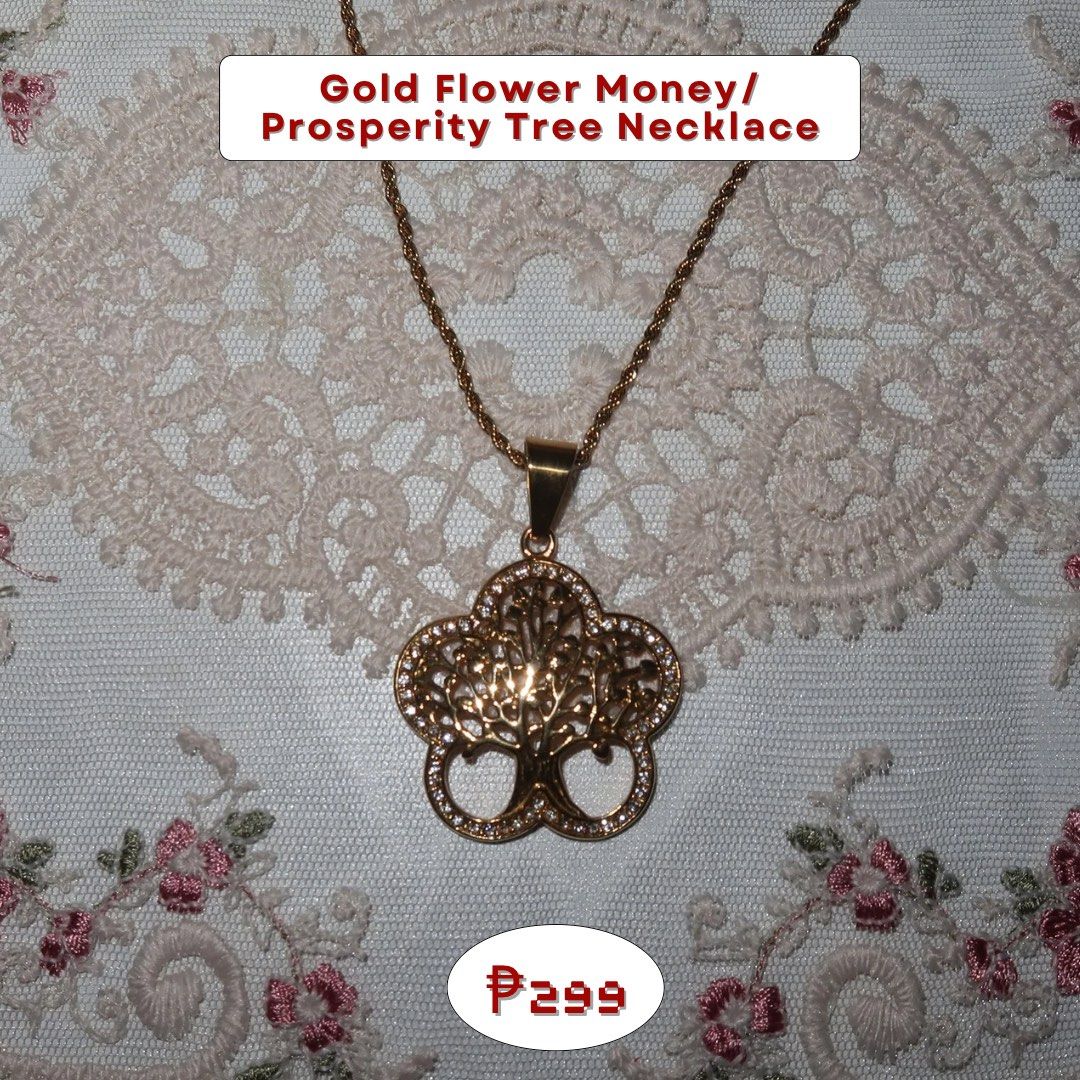 Gold Flower Money/Prosperity Tree Necklace (Category: Necklaces) located in Calamba. Submitted by declutter.rebski (Listing ID 1438084849, Image 1). Description: Gold Flower Money/Prosperity Tree Necklace ₱299 ⤿ high quality, non-tarnish stainless steel jewelry ⤿ hypoallergenic + does not fade over time ⤿ all items are brand new — not preloved & never used! ⤿ each piece comes with its own jewelry case / clear organizer ⤿ onhand and ready to ship 