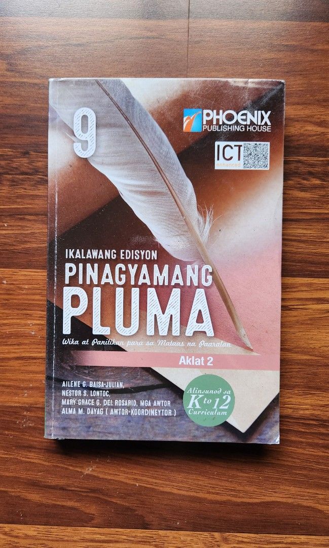 Grade 9 Filipino Pluma School Textbook (Category: Textbooks) located in Manila. Submitted by vl_ris (Listing ID 1438086978, Image 1). Description: > Used once. Little to no writings > Plastic Covered > MOD: Lalamove > MOP: Gcash > 📍 LOC: QC - "Pinagyamang Pluma" Grade 9 textbook (2nd Edition).