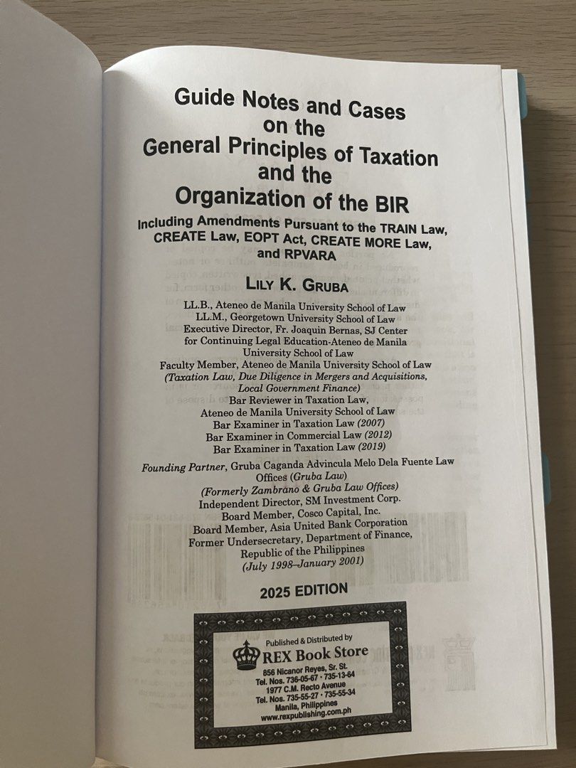 Guide Notes and Cases on Taxation 2025 Edition (Category: Textbooks) located in Manila. Submitted by frootjooce (Listing ID 1438071613, Image 2). Description: - 2025 Edition of "Guide Notes and Cases on the General Principles of Taxation and the Organization of the BIR" by Lily K. Gruba - less than 30 pages have highlights - J&T or Lalamove - BPI or Gcash .