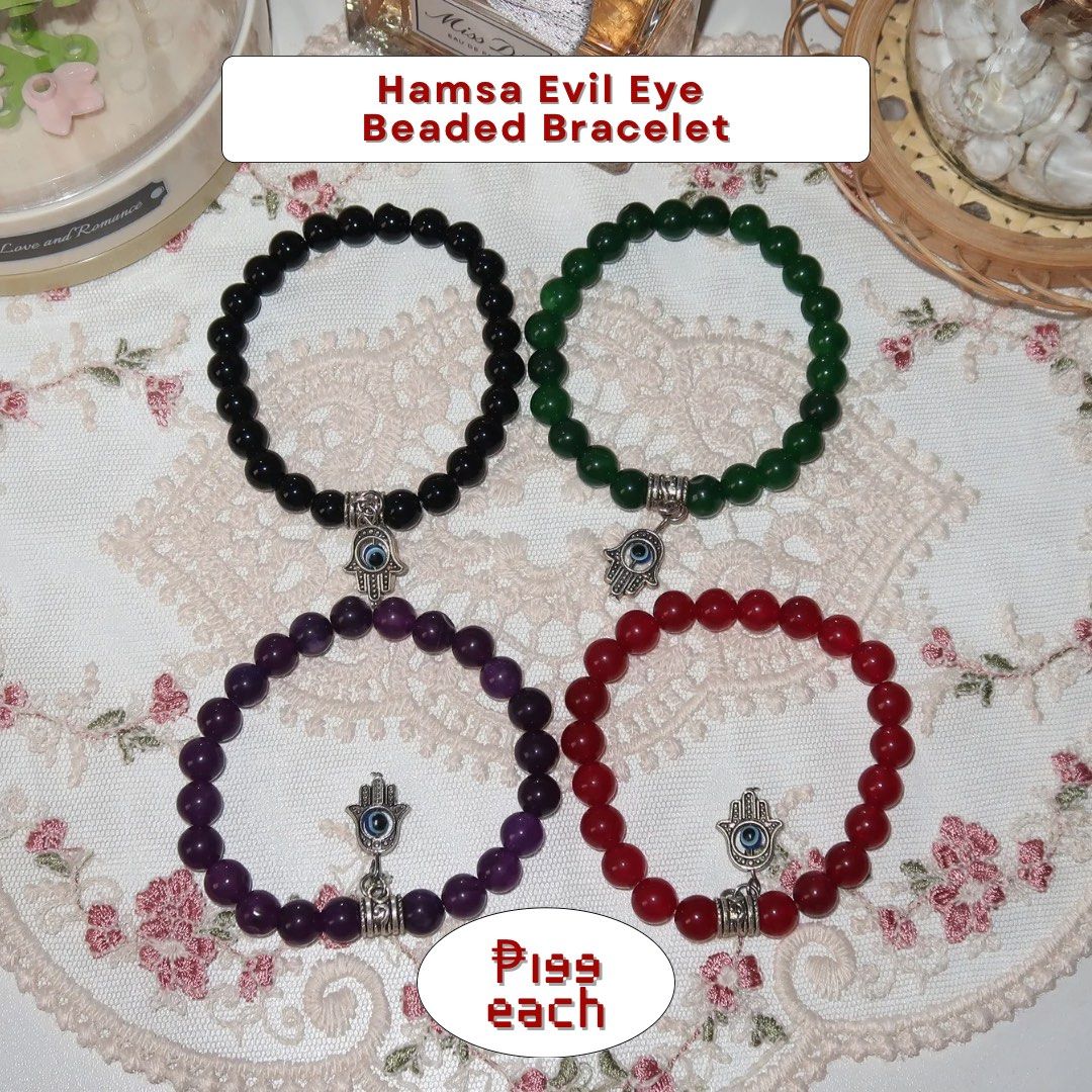 Hamsa Evil Eye Beaded Bracelet Jewelry (Category: Bracelets) located in Calamba. Submitted by declutter.rebski (Listing ID 1438052424, Image 1). Description: Hamsa Evil Eye Beaded Bracelet - A protective charm bracelet with spiritual/good luck symbolism Variants: 1. Midnight Black ✅ 2. Emerald Green ✅ 3. Royal Purple ✅ 4. Ruby Red ❌SOLD❌ ⤿ high quality, non-tarnish stainless steel jewelry ⤿ hypoallergenic + does not fade over time ⤿ all items are